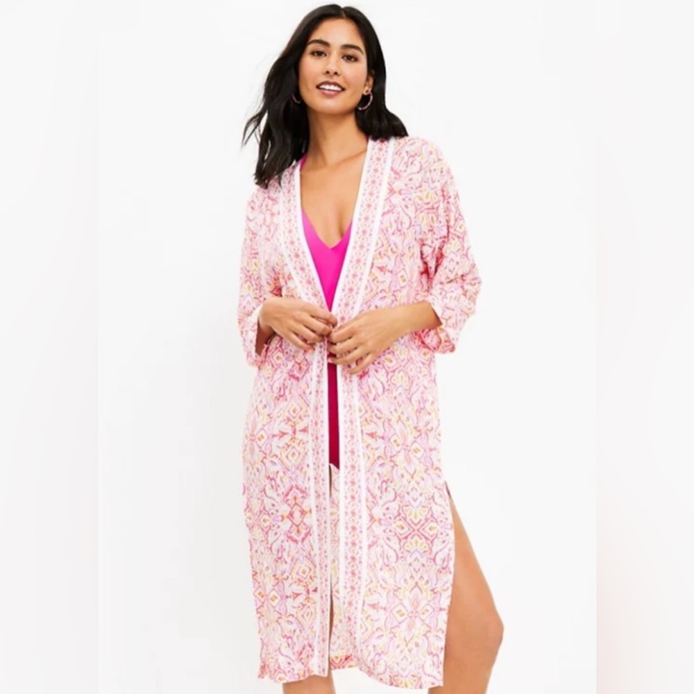 New Loft Ikat Open Front Kimono Pink Multi Oversized Duster M/L
